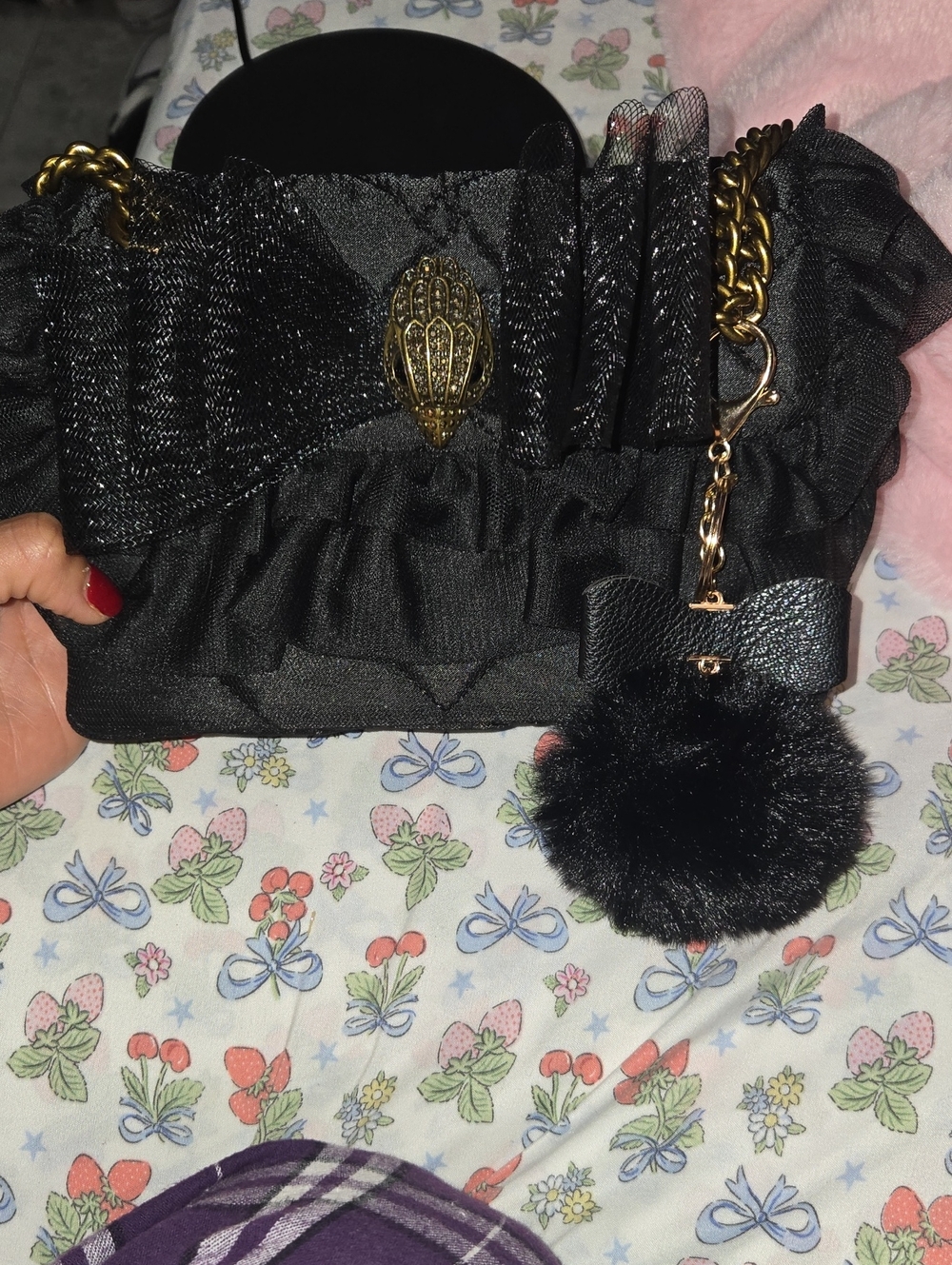 Black KURT GEIGER LONDON Ruffle Chain-Handle Women's Handbag with Pom Pom Charm